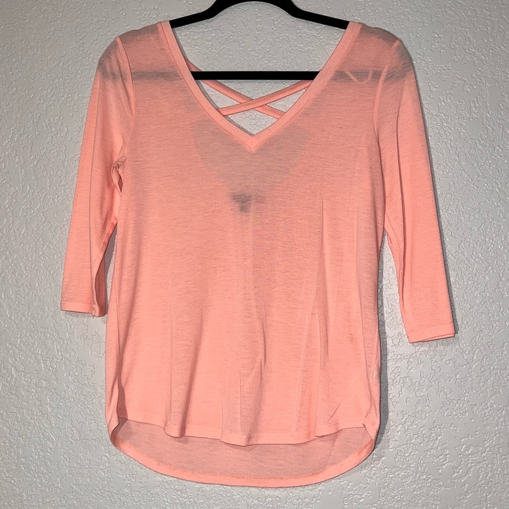American Eagle Small Pinky Peach 3/4 Length Tee w/Scoop Back &Criss Cross Detail